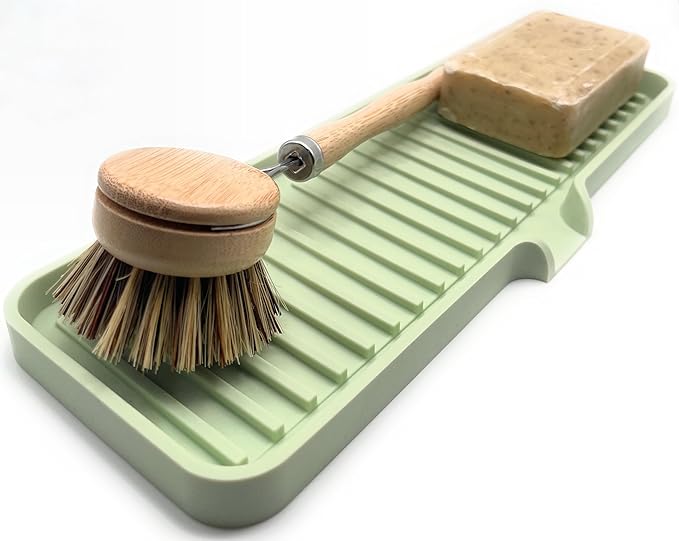Happitasa Silicone Soap Dish Tray and Sponge Holder with Drain Chute | Bathroom and Kitchen Sink Organizer Caddy (Pistachio, 12"x4", 7.4 Ounces)-NeatNest