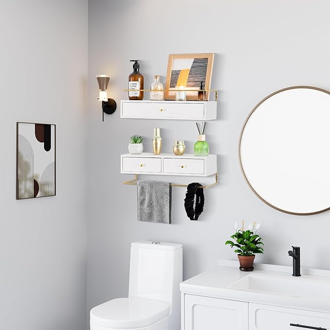 Floating Shelves for Wall Storage, Wall Mounted Bathroom Shelf with Drawers Set of 2, Rustic Wood Floating Drawers for Living Room, Kitchen, Wall Decor, Plants, Books, White-NeatNest