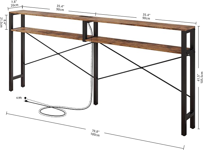 IRONCK Console Table with Power Outlet, Long Sofa Table with Shelves and X-Shaped Design, Narrow Sofa Entryway Behind Couch Table for Living Room and Hallway, Vintage Brown-NeatNest