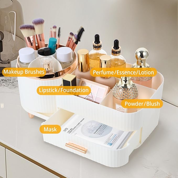 Makeup Organizer Countertop with Drawer 360 Rotating Brush Holder Storage Large Capacity Skincare Cosmetic Display Cases for Vanity Bathroom Desktop, Model 3016 White-NeatNest