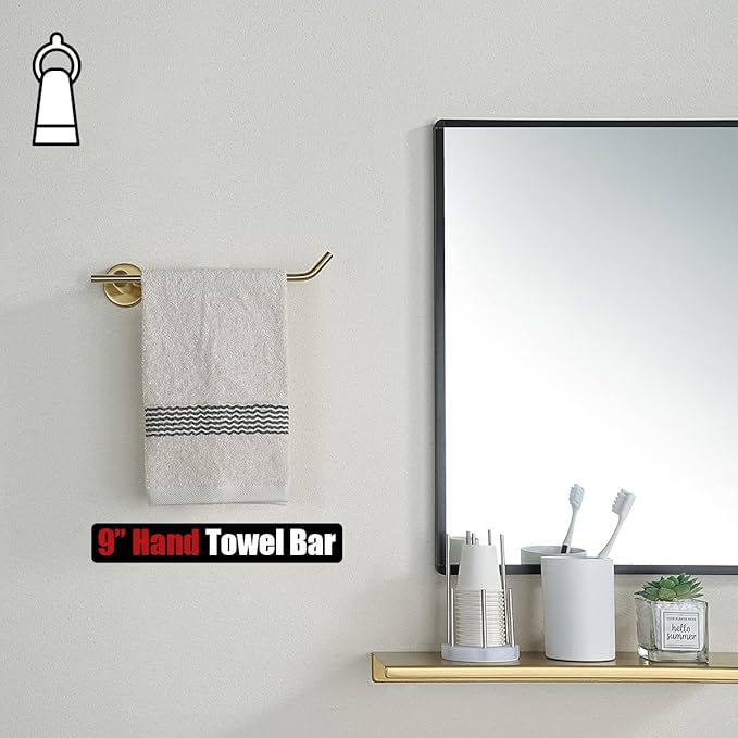 JQK Hand Towel Bar, Brushed Gold Stainless Steel Towel Ring Holder for Bathroom, 9 Inch Wall Mount, TR100-BG