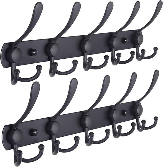 Dseap Coat Rack Wall Mounted - 5 Tri Hooks, Heavy Duty, Stainless Steel, Metal Coat Hook Rail for Coat Hat Towel Purse Robes Mudroom Bathroom Entryway (Black, 2 Packs)-NeatNest
