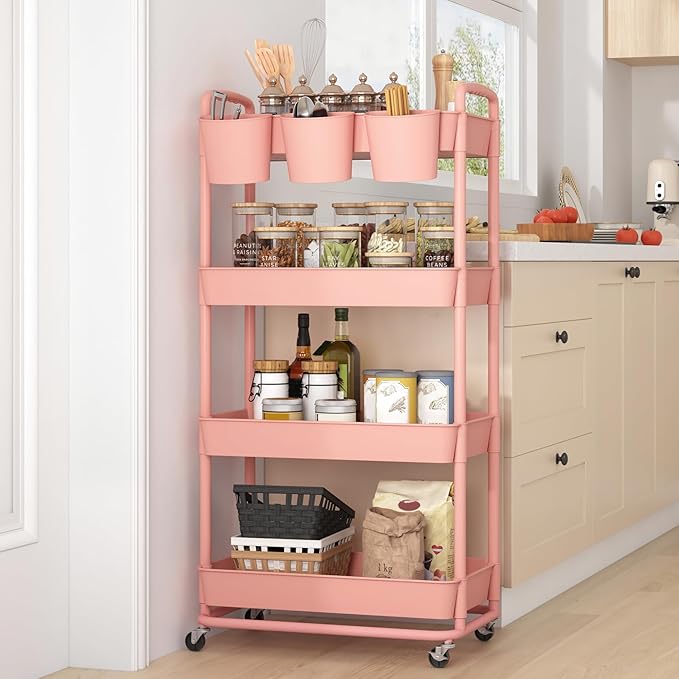JIUYOTREE 4-Tier Plastic Rolling Storage Cart Utility Cart with Extra Hanging Cups Handles Lockable Wheels for Living Room Bathroom Kitchen Office Pink-NeatNest