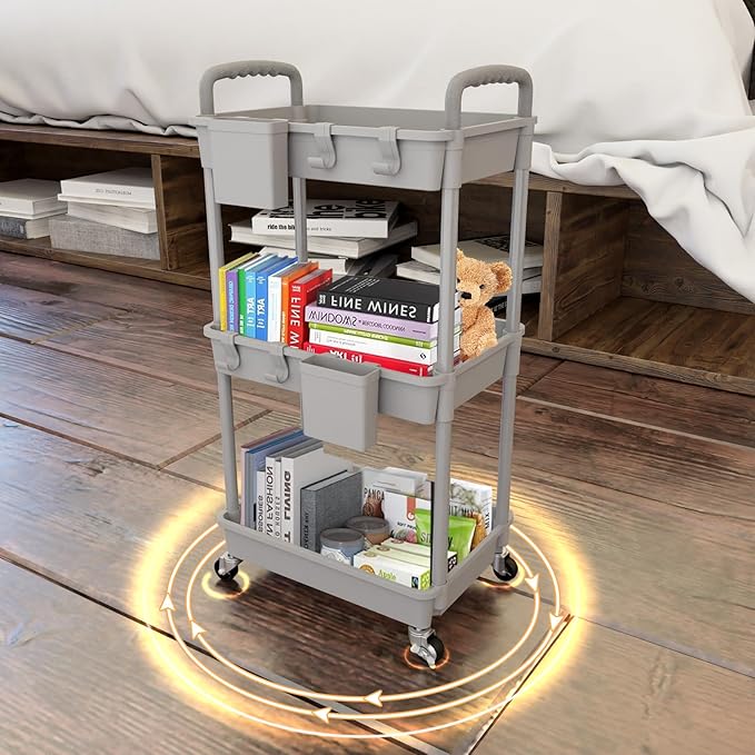 3 Tier Rolling Utility Cart with Handle,REBECAT Utility Cart Made of Multifunctional Storage Organizer Tool for Kitchen,Bathroom,Living Room,Office(Gray)-NeatNest