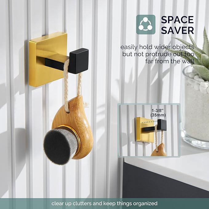 Angle Simple Towel Hook Black & Gold, 304 Stainless Steel Square Robe Bathroom Hook for Wall