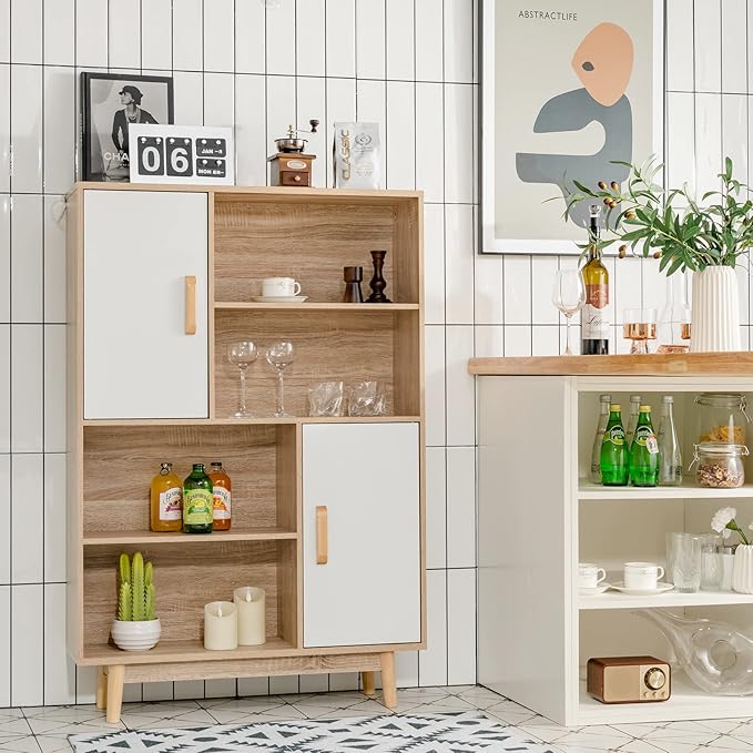 Giantex Storage Cabinet with Legs, Floor Cabinet with Doors, Shelves, Anti-Tipping Device, 4-Tier Bookshelf for Books & Photos, Tall Cupboard in Living Room, Kitchen Buffet Sideboard (White)
