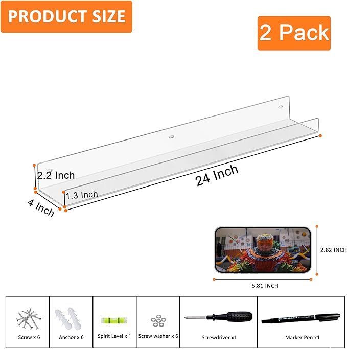 24'' Clear Acrylic Wall Long Shelf 2 Pack, Acrylic Floating Book Shelves, Wall Mounting Invisible Ledge Book Shelf-NeatNest