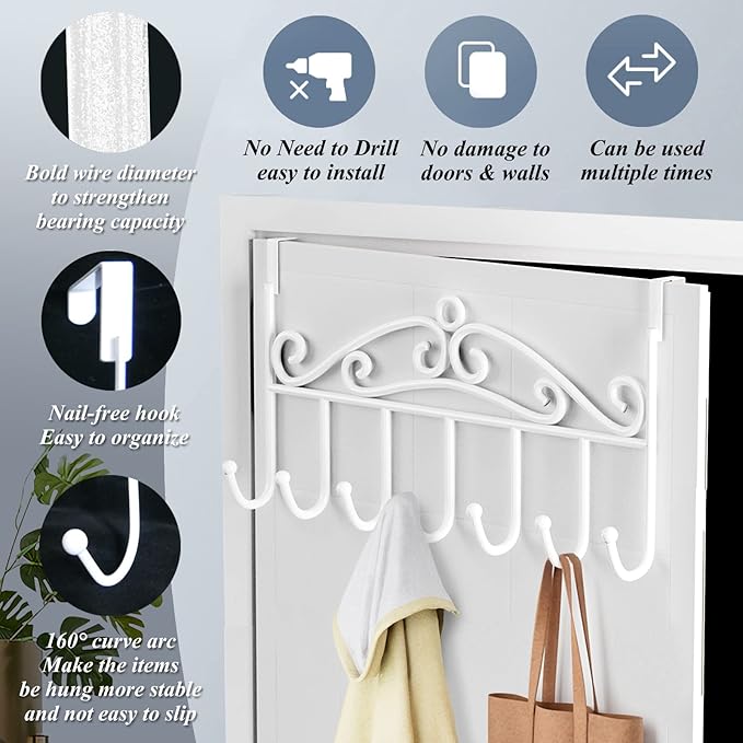 Over The Door Hook Coat Rack & Towel Rack - 7 Hooks, Bathroom Door Hooks, Clothes & Belt Hanger, White
