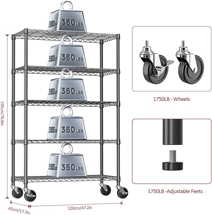 IZEUK 5-Tier Storage Shelving Unit with Wheels, Adjustable Heavy Duty Steel Wire Rack Organizer (Black, 17.7" D x 47.2" W x 76.7" H, 1750 lbs Capacity) for Garage, Kitchen, Office, Laundry, Basement-NeatNest