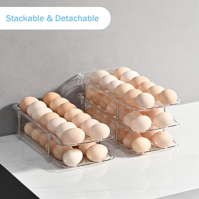 Egg Holder,4 Tier Clear Organizer with Auto-Roll Design, Adjustable Height Egg Storage Container Holds Up to 56 Eggs for Refrigerator,Kitchen Cabinet