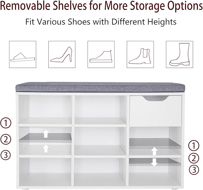 DINZI LVJ Shoe Bench,Entryway Storage Bench with Drawer and 8 Cubbies,Cubby Rack Adjustable Shelves,Shoe Organizer Cabinet for Living Room,Bedroom,Mudroom,Closet Garage,White-NeatNest