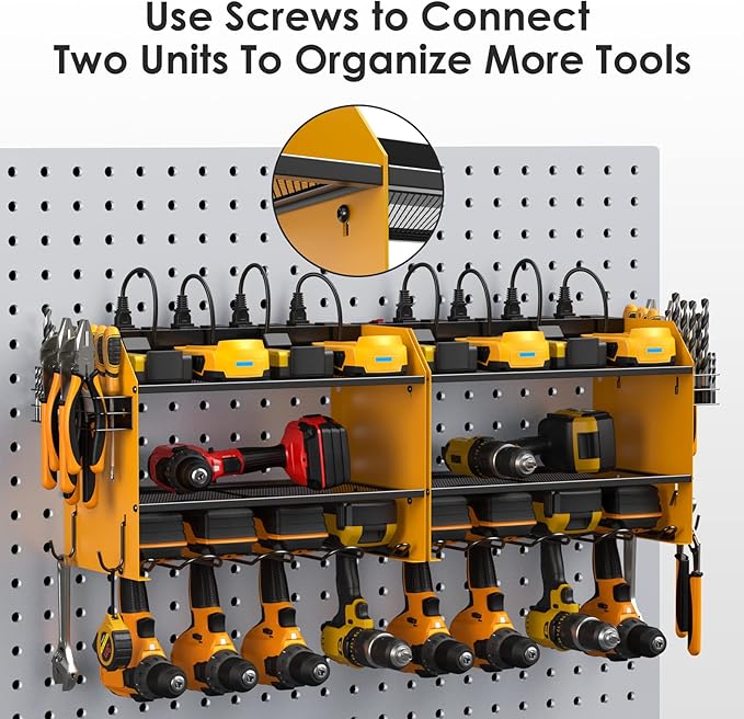 CCCEI Modular Power Tool Organizer Wall Mount with Charging Station. Garage 4 Drill Storage Shelf with Hooks, Screwdriver, Drill Bit Heavy Duty Rack, Tool Battery Holder Built in 8 Outlet Power Strip.-NeatNest