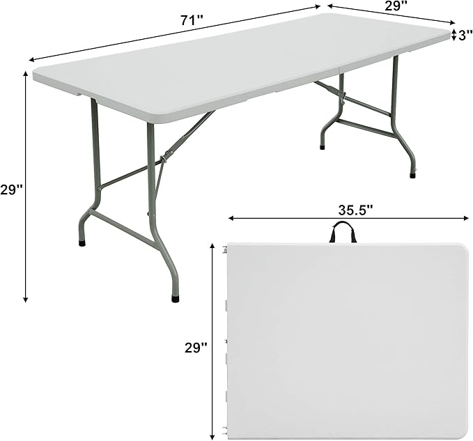 FORUP 6ft Table, Folding Utility Table, Fold-in-Half Portable Plastic Picnic Party Dining Camp Table (White)-NeatNest