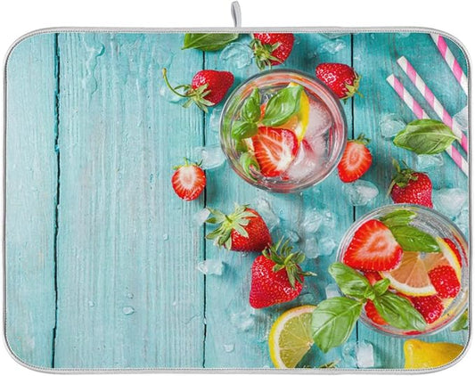 Absorbent Dish Drying Mat for Kitchen Counter - Strawberry Blue Wooden Microfiber Drying Pad, Reversible Drainer Mats for Countertop, Large 18" x 24"