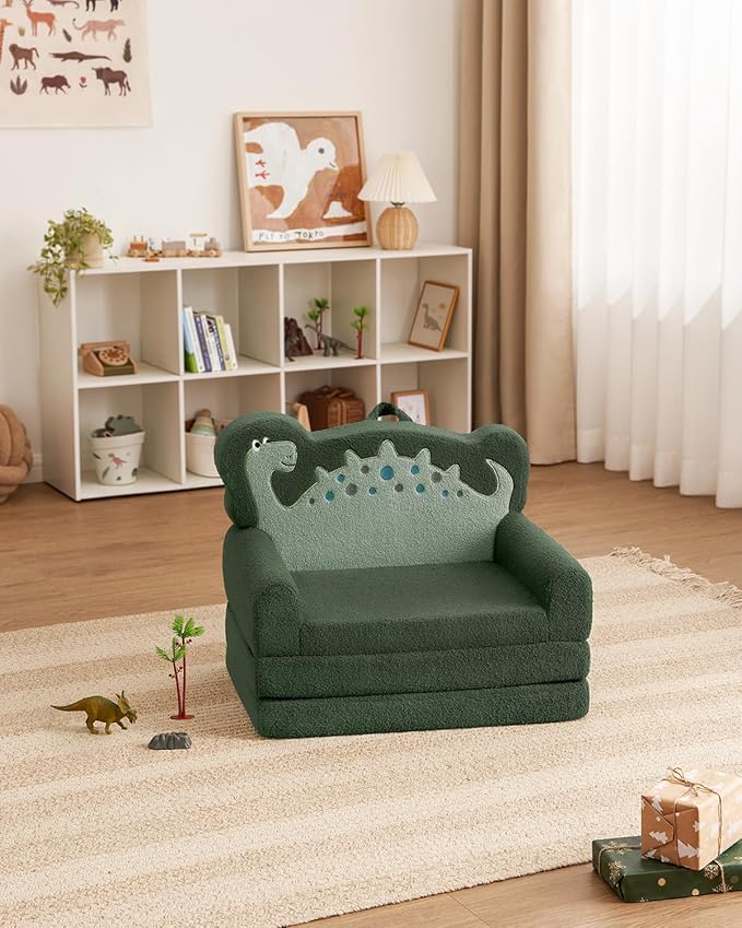 Blissful Diary Kids Couch, 2-in-1 Soft Toddler Couch Fold Out, Toddler Chair Comfy, Convertible Sofa to Lounger, Kids Furniture for Playroom, Gift for Birthday, Children's Day, Green Dinosaur-NeatNest