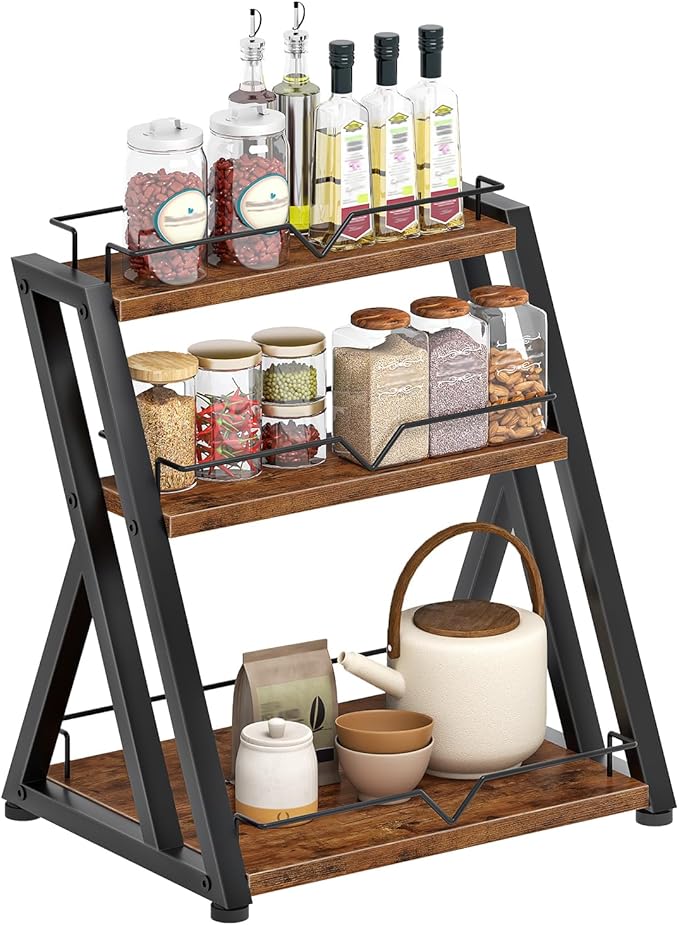 HOOBRO 3-Tier Kitchen Spice Rack, Kitchen Countertop Shelf, Desk Shelf Organizer, Dresser Top Storage Rack, for Office, Living Room, Bathroom, Rustic Brown and Black BF10TL01