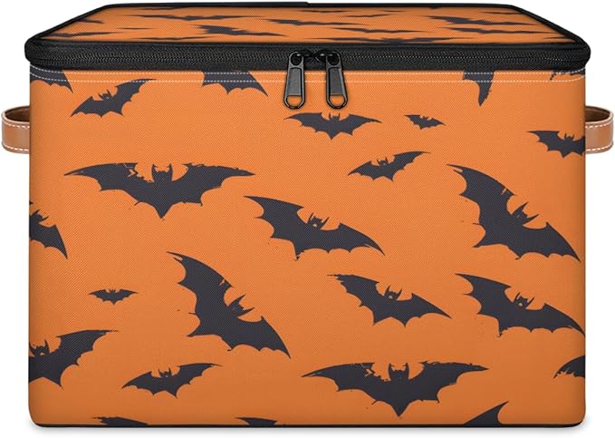 Halloween Bat Storage Bins with Lids, Black Orange Fabric Storage Boxes with Zipper, Collapsible Decorative Closet Organizer Cube for Clothes,Organizing, Shelves-NeatNest