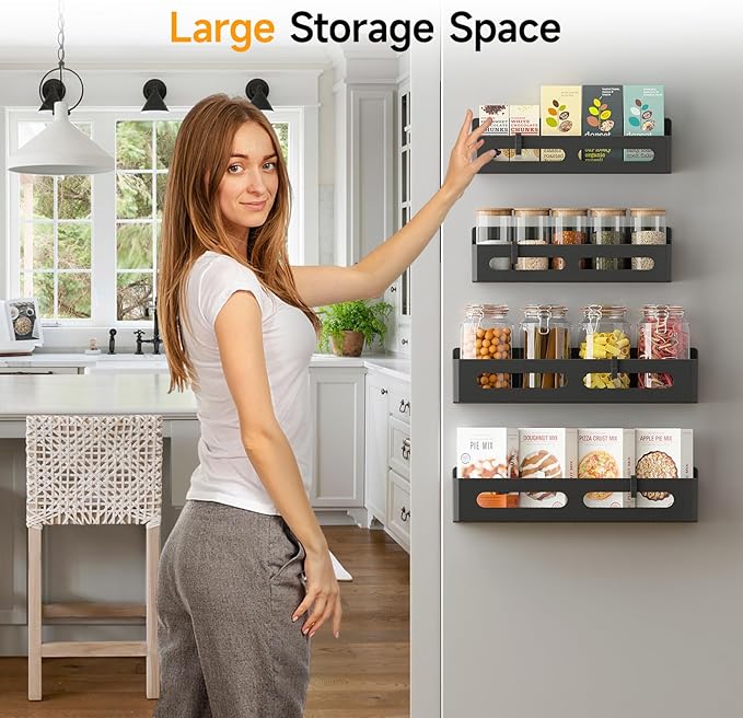 6 Pack Magnetic Spice Rack for Refrigerator, Spice Rack Organizer, Moveable Magnetic Shelf Fridge Organizer with 4 Hooks for Kitchen and Oven Organization, Black