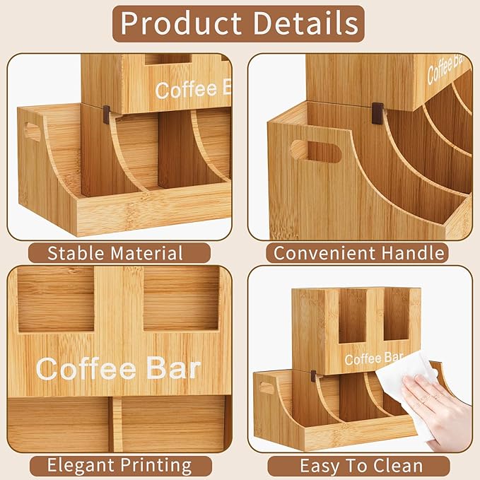 Coffee Station Organizer, Bamboo Coffee Bar Organizer for Countertop, Condiment and Cup Storage Organizer, Bar Accessories for Kitchen, Office, Home, Brown-NeatNest