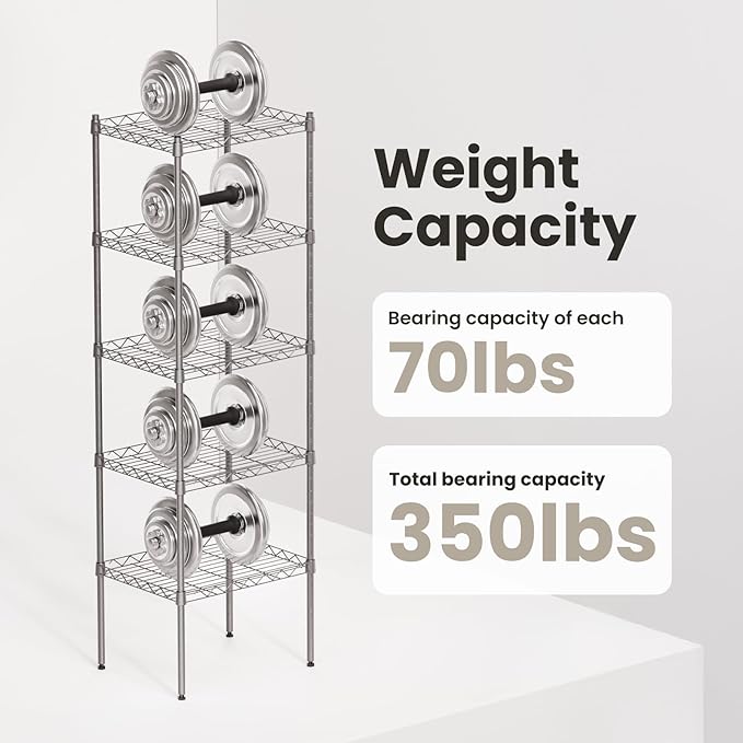 5 Tier Shelves, 16.9"x 13"x 53.9" Utility Rack Shelf, Metal Storage Shelving, Adjustable Wire Shelving Units, Heavy Duty Storage Organizer for Garage Laundry Office, Silver