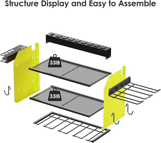 CCCEI Modular Power Tool Organizer Wall Mount Charging Station, Green 6 Drills Holder with 8 Plug Power Strip 10FT, Garage Drill Battery Heavy Duty Metal Shelf, Utility Rack with Hooks, Side Storage.-NeatNest