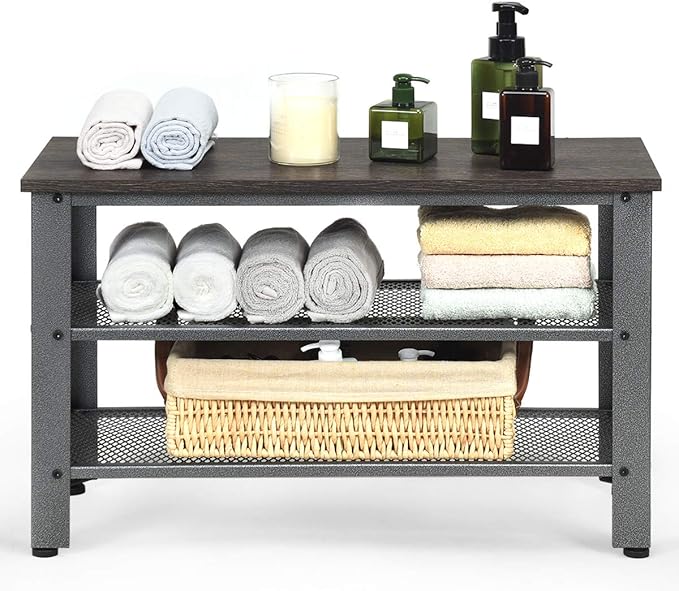 Giantex 3-Tier Shoe Bench, Industrial Shoe Rack with 2 Mesh Storage Shelves for Entryway, Hallway, Bathroom or Living Room, Shoe Organizer (Gray)