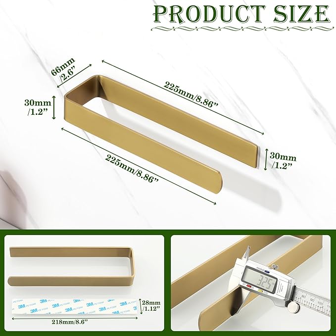 Alise Hand Towel Holder Self Adhesive Towel Bar Towel Hanger for Bathroom Wall,SUS304 Stainless Steel Brushed Gold Towel Rack Towel Ring for Kitchen Cabinet Glass Door Wash Basin Side,No Drilling