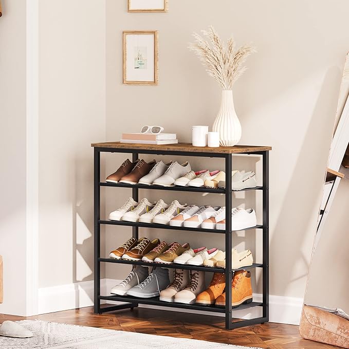 HOOBRO Shoe Rack, 5 Tier Shoe Storage Organizer with 4 Oxford Fabric Shelves and Top Panel, Holds 16-20 Pairs of Shoes, for Entryway and Closet, Industrial, Rustic Brown BF50XJ01-NeatNest