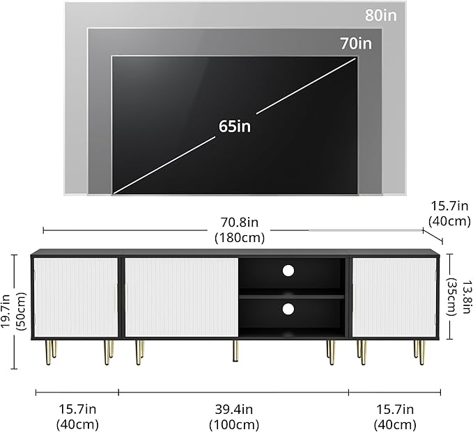 71" TV Stand for 50/60/70/80 inch TV, TV Stand for 75+ inch TV, Modern Entertainment Center for Up to 80" TV, TV Media Stand with Storage Cabinet for Living Room, Bedroom, Black & White-NeatNest