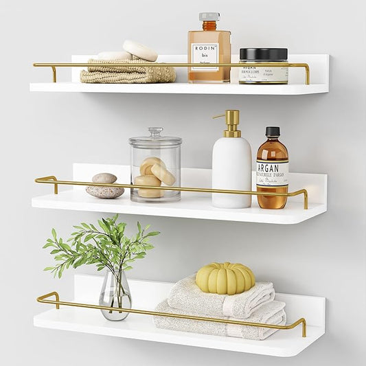 Forbena Gold Floating Shelves for Wall Decor Set of 3, Bathroom Shelves Over Toilet, Modern Display Wall Shelf with Guard Rail for Living Room Bedroom Organizers and Storage - White and Gold-NeatNest