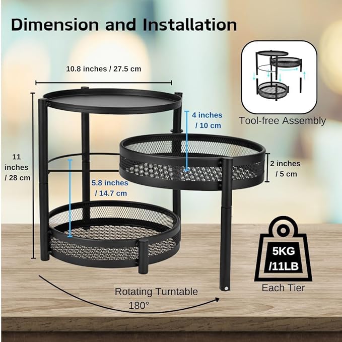 IBERG Spice Rack with Rotating Turnable Tier, Versatile Countertop Organizer for Kitchen Bathroom Accessories (Black)