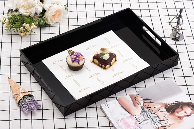 Glossy Black Sturdy Acrylic Serving Tray with Handles-12x16Inch-Serving Coffee,Appetizer,Breakfast,Butler-Kitchen Countertop Tray-Makeup Drawer Organizer-Vanity Table,Ottoman Trays-DecorativeTray-NeatNest