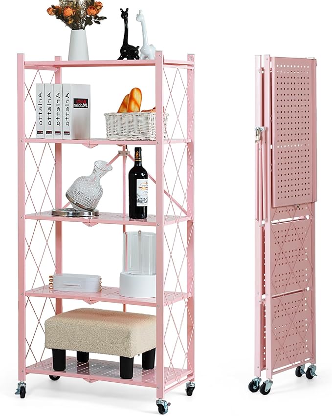 BRIAN & DANY 5-Tier Foldable Storage Shelves with Wheels, Folding Metal Rack Shelving Unit, Heavy Duty No Assembly Organizer Shelf for Garage, Kitchen, Basement, Pantry, Pink-NeatNest