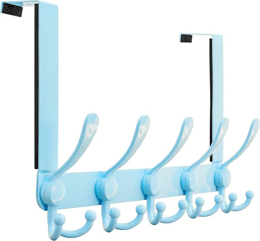 Dseap Over Door Hook 2.0 - Upgraded Version - Simple-Assembly, Strong, Heavy-Duty Stainless Steel 5-Tri-Hook Over The Door Hanger Rack, SimpleStrong Series, Blue