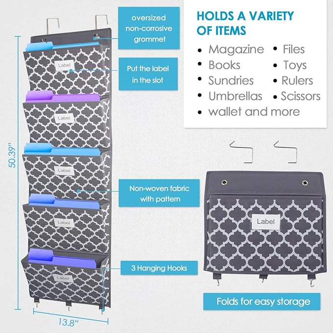 homyfort Over the Door File Organizer, Hanging File Folders, Wall Organizers and Storage for Mail, Magazine, Notebooks, Planners, Office, Classroom, 5 Extra Large Pockets (Grey Lantern Pattern)-NeatNest