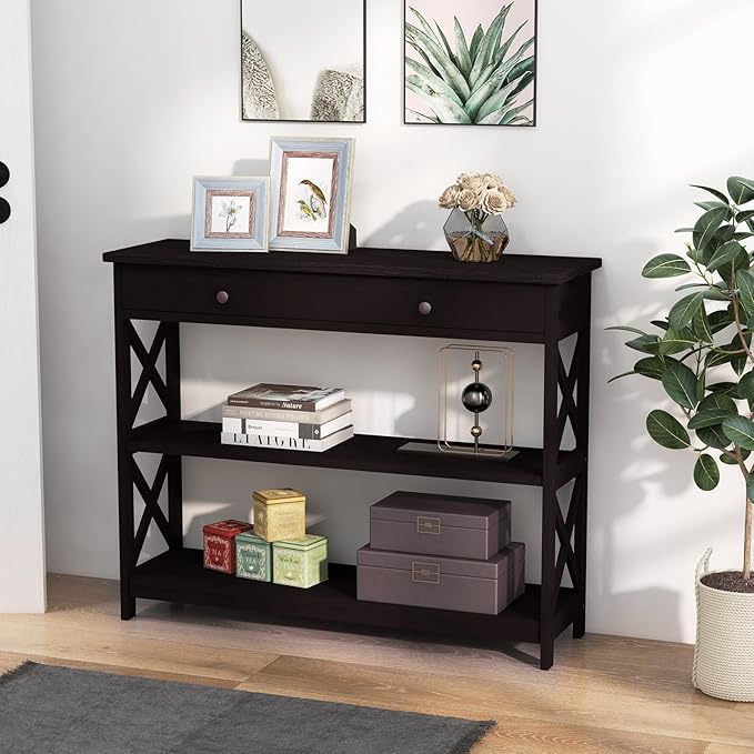 GOFLAME 39" Console Sofa Table with Drawers, 3-Tier Narrow Entry Table with Storage Shelves for Living Room Behind Couch, Entryway (Espresso)-NeatNest