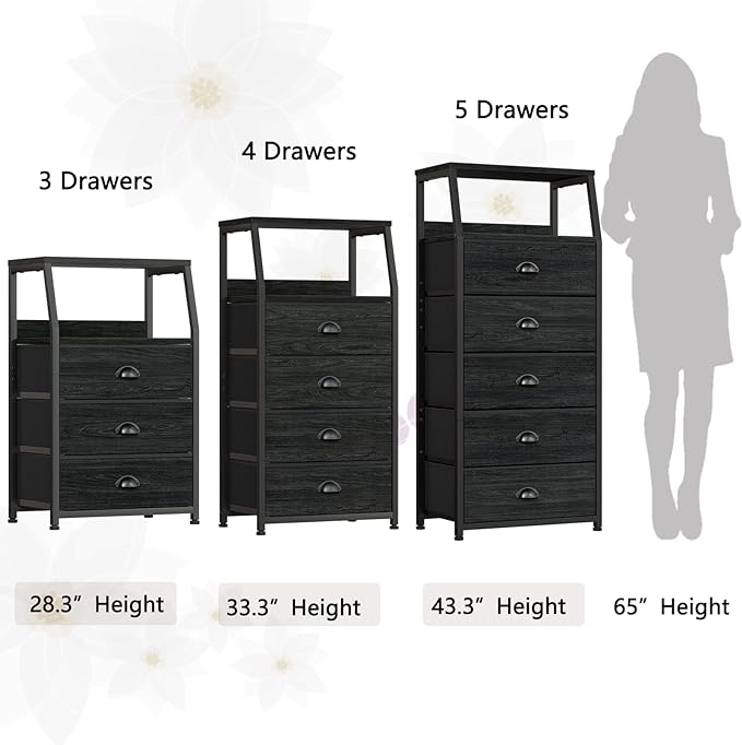 Furnulem Black Dresser with 5 Drawers, Vertical Storage Tower Fabric Dresser for Bedroom, Hallway, Entryway, Nursery, Closet Organizer, Nightstand Bedside Table Furniture, Sturdy Steel Frame, Wood Top-NeatNest