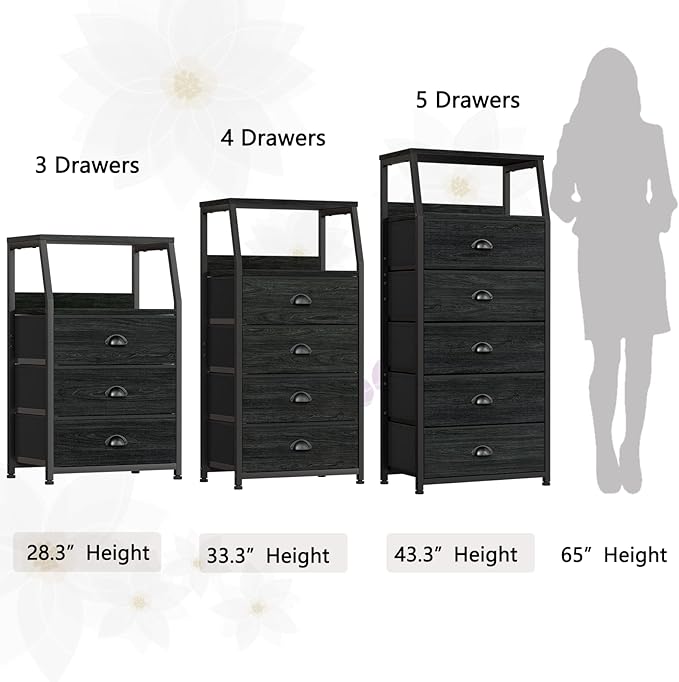 Furnulem Tall 4 Drawers Dresser, Vertical Storage Tower Black Dresser for Bedroom, Hallway, Entryway, Nursery, Closet Organizer, Nightstand Bedside Table Furniture, Sturdy Steel Frame, Wood Top-NeatNest