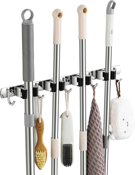 Broom Holder Wall Mount, Stainless Steel Broom Hanger Wall Mount, Heavy Duty Mop and Broom Holder Tool Racks Utility Hooks for Laundry Room Garden Garage, Black (4 Racks and 5 Hooks)-NeatNest