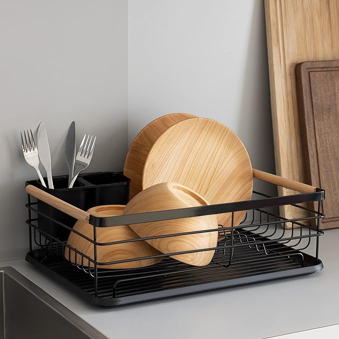 Navaris Dish Drainer Rack - Plate, Silverware, Pots and Pans Drying Rack for Kitchen with Beechwood Handles - Modern Retro Design Drip Tray - Black