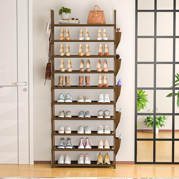 Tall Shoe Rack - 10 Tier Organizer for Closet, 30-35 Pairs, Large Capacity with 5 Hooks and Side Pocket, Sturdy Metal Shoe Shelf, Vertical Shoe Stand Tower-NeatNest
