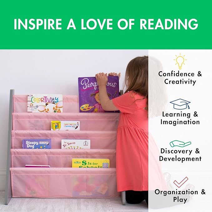 Humble Crew 4-Tier Kids Bookshelf, Grey Wood/Pink - Premium Book Shelf for Kids Rooms with Four Deep Pockets - Toddler Sling Book Rack with Deep Sleeves, Nursery Bookcase Organizer