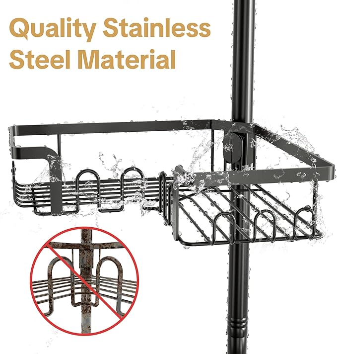Corner Shower Caddy Tension Pole Adjustable 29–124 Inch, 4 Tier Shower Organizer, Rustproof Shower Racks for Bathroom Storage, Black