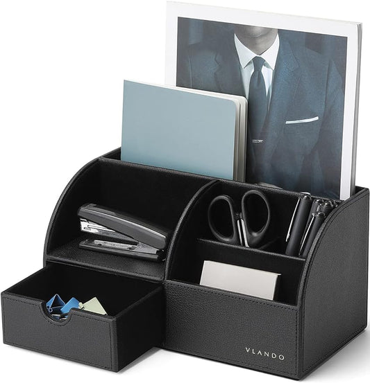 Vlando Office Supplies Desk Organizer Caddy, Desktop Hanging File Letter Document Storage Holder with Drawer Organizer Section for Office Home (Black)-NeatNest