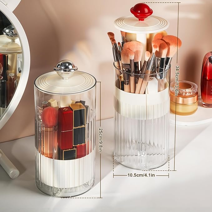 2 Pack Makeup Brush Holder with Lid Automatic Lifting Makeup Brush Organizer with Lid Dustproof & Waterproof 4-Compartment Clear Makeup Organizer for Vanity,Office,School,Dorm Room,Red+Silver-NeatNest