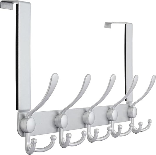 Dseap Over The Door Hook Hanger - 5 Tri Hooks, Heavy Duty Over The Door Towel Rack Coat Rack for Clothes Hat Towel, Silver