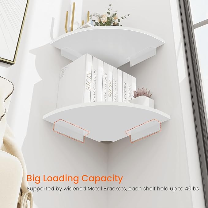 Homode Corner Wall Shelf, 12 in Wide Rounded Corner Shelf Floating, Set of 2 Wooden Hanging Corner Shelves with Wire Hole for Bathroom Living Room Office, White