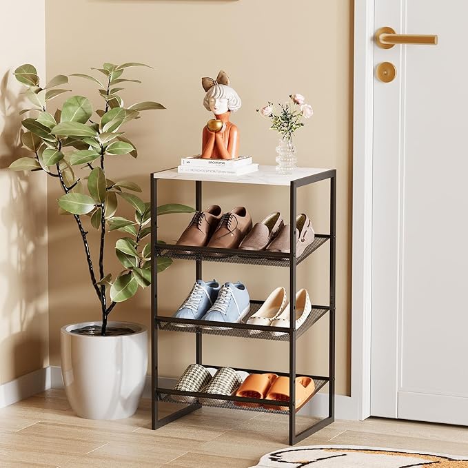 Garden 4 you 4 Tiers Narrow Shoe Rack,Small Space Freestanding Shoe Storage Organizer with White Wooden Tabletop,Adjustable Metal Shelf Stackable Shoe Shelf for Entryway Hallway Living Room Closet-NeatNest