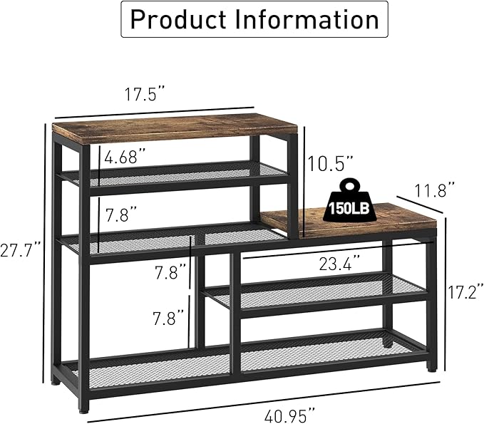 Shoe Rack Bench Shoe Storage Organizer with Seat, 5-Tier Industrial Free Standing Shoe Rack for Entryway, Narrow Shoe Rack Organizer Shelves for High Heels, Entryways, Hallways, Closets,Brown-NeatNest