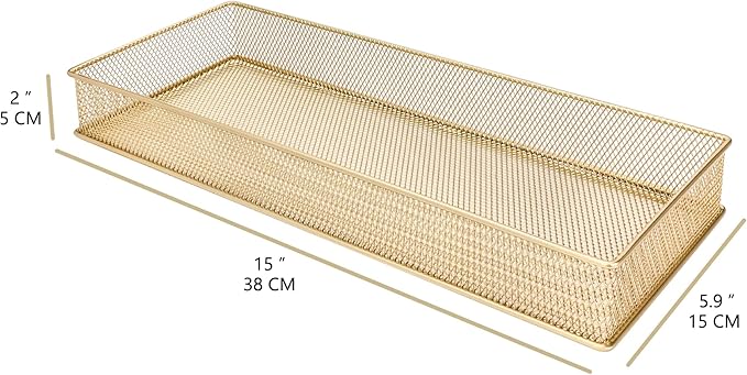 Annova Mesh Stackable Drawer Cabinet and Shelf Organizer Bins Storage Basket School Office Supply Holder Tray- Set of 2 (Gold, 6x15x2 Inch)-NeatNest